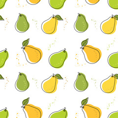 Seamless pattern with yellow and green pears on a white background. Vector illustration in a line art, doodle style. Background for paper, cover, fabric, gift wrapping. 