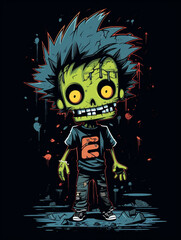 Fototapeta na wymiar T-shirt design, lineal color icon of one cute zombie with a human theme on black background, featuring a full-body illustration where the head is larger than the body created with Generative Ai