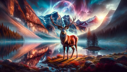 Majestic deer in mystical alpine forest - obrazy, fototapety, plakaty