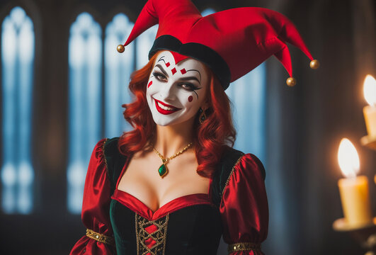 Medieval female jester in a castle with colorful dress and makeup 