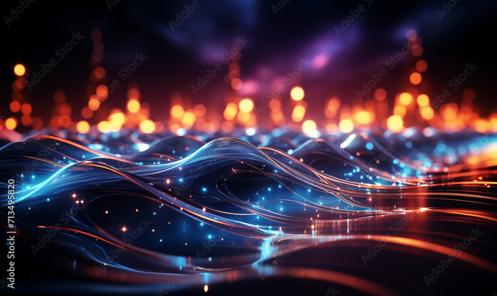 Aufkleber futuristic technology wave background with glowing lines and bokeh.