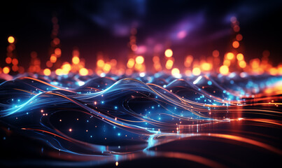 Futuristic technology wave background with glowing lines and bokeh.