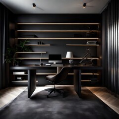 Ultra-modern home office with a sleek design, dark tones, and sophisticated LED accents in a brutalist apartment