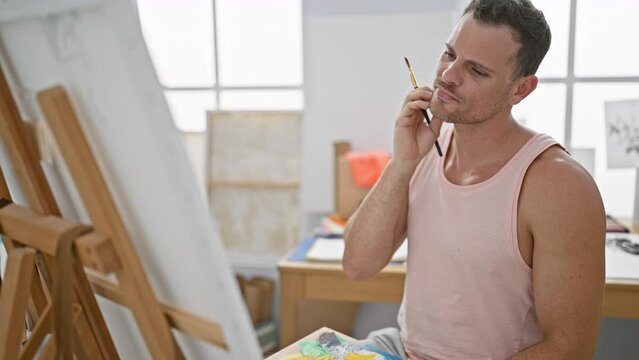 A contemplative man painting in a bright studio, showcasing creativity and focus.
