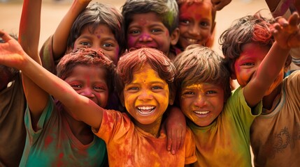 Unidentified children at Holi festival in Kolkata, West Bengal, India. AI. - obrazy, fototapety, plakaty