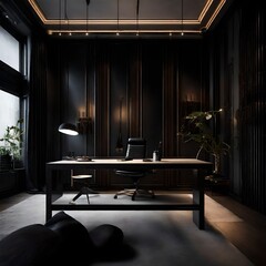 Chic luxury workspace in an ultramodern brutal apartment, featuring dark aesthetics and cool LED illumination