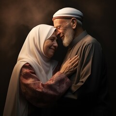 Portrait of an old muslim couple embracing each other on a dark background. AI.