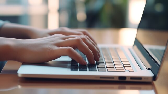 Closeup image of female hands typing on laptop keyboard. Young woman working on computer.AI.