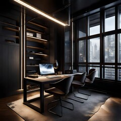 Chic luxury workspace in an ultramodern brutal apartment, featuring dark aesthetics and cool LED illumination