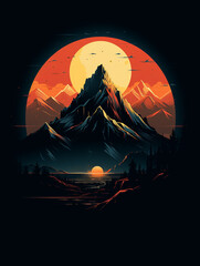 T-shirt design, mountains, sunset, in style minimalist, Black background created with Generative Ai