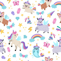 Vector unicorns seamless pattern. Repeat background with fairytale characters, animals with horns, rainbow, falling stars, crystals. Fantasy world digital paper with funny llama, cat, narval.