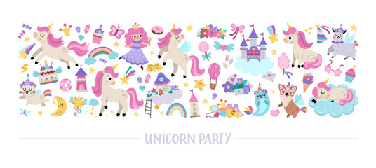 Vector horizontal set for unicorn party. Fairytale card template design for banners, invitations, postcards. Cute magic fantasy world illustration with animals, fairy, rainbow, stars, crystals.