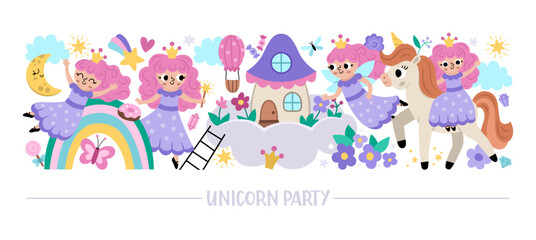 Vector horizontal set with cute characters for unicorn or princess party. Fairytale card template design for banners, invitations, postcards. Magic fantasy world border with fairy, rainbow, house.