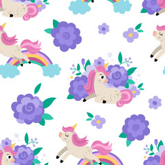 Fototapeta na wymiar Vector unicorns seamless pattern. Repeat background with fairytale characters, rainbow, flowers. Fantasy world digital paper with purple floral elements.