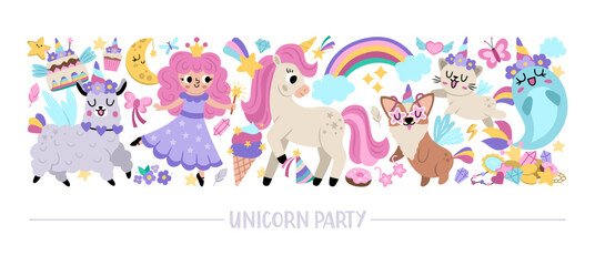 Vector horizontal set with cute characters for unicorn party. Fairytale card template design for banners, invitations, postcards. Magic fantasy world border with animals, fairy, rainbow, star, crystal