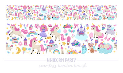 Vector horizontal seamless border brush for unicorn party. Fairytale repeat background for washy tape, stationery. Cute magic fantasy world texture with animals, fairy, rainbow, stars, crystals. - obrazy, fototapety, plakaty
