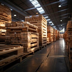 many empty wooden pallets stacked in a warehouse.