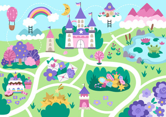 Fototapeta premium Unicorn village map. Fairytale background. Vector magic country scenes infographic elements with castle, rainbow, forest, pond, road. Fantasy world plan with fallen stars, treasures, sweets.