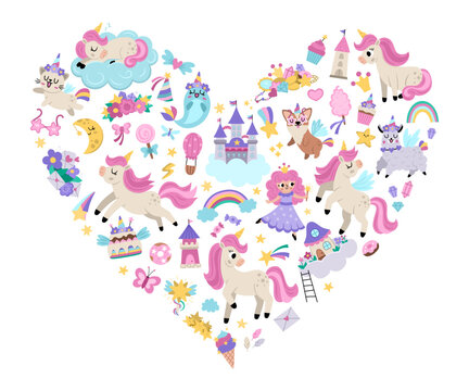 Vector heart shaped frame for unicorn party. Fairytale card template design for banners, invitations, postcards, social media. Cute magic fantasy world illustration with animals, fairy, rainbow.