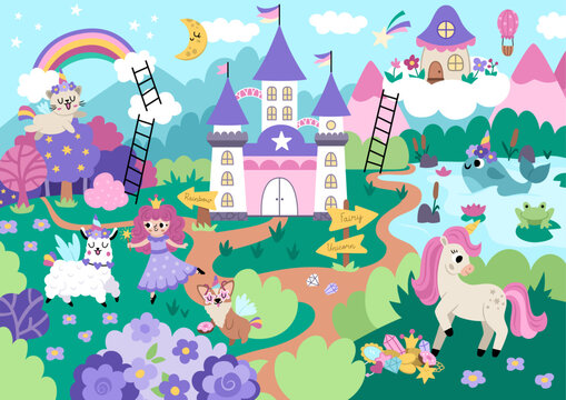 Vector unicorn themed landscape illustration. Fairytale scene with characters, castle, rainbow, forest. Magic nature background with fairy, animals with horns. Fantasy world picture for kids.