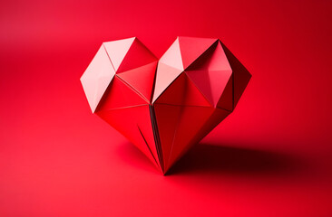 Red heart made of paper, origami heart for Valentine's day on a bright red background, minimalism concept