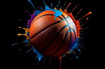 Basketball ball with splashes of different colors paint, solid black background with copy space