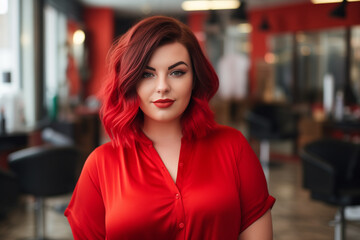 Obraz premium young woman hairdresser body positive in red clothes and bright hair on blurred background of barbershop