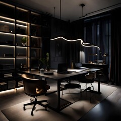 Chic luxury workspace in a dark-themed brutal apartment, featuring ultramodern furniture and ambient LED lighting