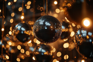 disco background with hanging disco balls in black and gold lighting