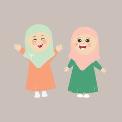 Muslim kid, little girl ramadan cartoon vector illustration. Cute female child in traditional clothes. Happy and smiling children character in hijab. Muslim girl in different action