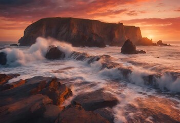 Obraz premium Illustration of the sun setting on a rocky island in the middle of the sea, with waves continuously hitting the rocks, orange hues