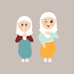 Obraz na płótnie Canvas Muslim kid, little girl ramadan cartoon vector illustration. Cute female child in traditional clothes. Happy and smiling children character in hijab. Muslim girl in different action