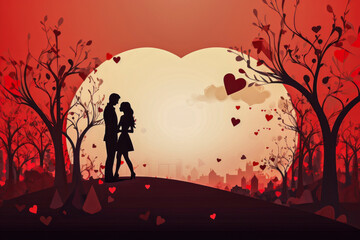 Couple Silhouetted on Valentine's Day, With Floating Red Hearts all Around Them