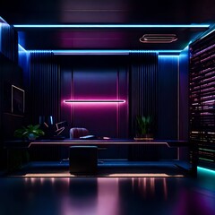 Elegant home office interior with dark hues, futuristic furniture, and ambient LED lighting in a brutal apartment