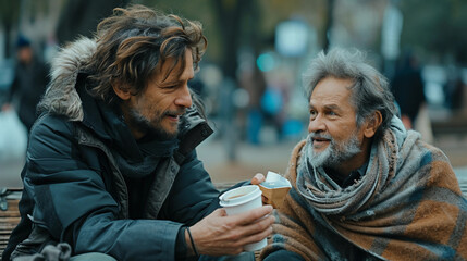 portrait of man giving a cup of coffee to a homeless man with messy hair and dirty cloths on a public park - obrazy, fototapety, plakaty