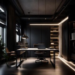 Chic luxury workspace in an ultramodern brutal apartment, featuring dark aesthetics and cool LED illumination