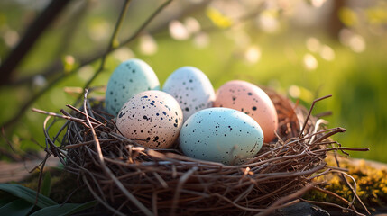 Fototapeta na wymiar Easter Egg Nest With Feathers