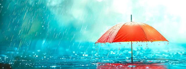 A vibrant red umbrella amidst a heavy downpour, with raindrops splashing on a reflective water surface under a dreamy blue backdrop