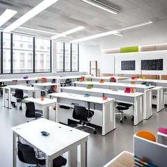 Spacious educational space with rows of sleek white desks, a clean blackboard, and backpacks in assorted vibrant colors