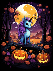 T-shirt design, cartoon unicorn with pumpkins on ground and moon stars in sky, vivid colors of orange and purple created with Generative Ai