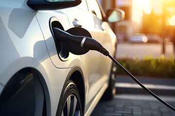 An eco-friendly electric car parked at a charging station in the morning