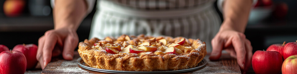 Hands of chef presenting apple pie on table for web header. Fresh apples and pastry for homemade bakery concept. Rustic and traditional American dessert for Thanksgiving.