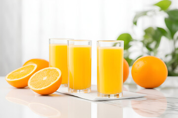 Several glasses of orange juice next to fresh oranges in a  on the table