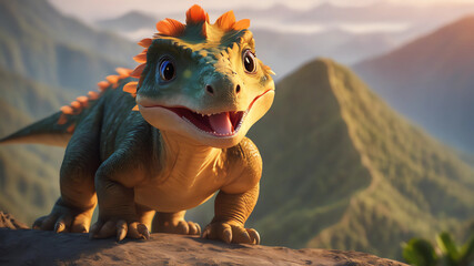 an adorable and baby dinosaur with big color eyes, roaring on the top of a mountain with jungle in...