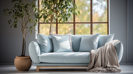 Light blue stylish furniture, armchair or couch with decorative pillow, home style