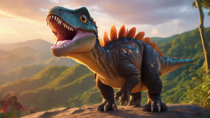 an adorable and baby dinosaur with big color eyes, roaring on the top of a mountain with jungle in the background, with soft feathers, sunset Beautiful , with blur background, high quality, 8k