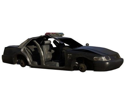 A 3d rendered illustration of a destroyed abandoned police vehicle as an overlay