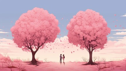 Cherry blossom anime under romantic couple pink illustration wallpaper