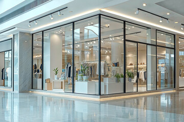 clothing boutique inside a bright shopping mall, featuring a spacious and sophisticated interior with a clear glass facade, retail store displaying a luxury collection of contemporary urban outfits