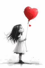 7-8 year old girl in a white elegant dress with long black hair holds a red heart-shaped balloon in her hand